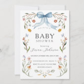Bloemenkader Blauwe Strik Baby Shower Kaart (Voorkant)