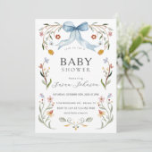 Bloemenkader Blauwe Strik Baby Shower Kaart (Staand voorkant)