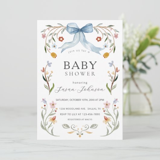 Bloemenkader Blauwe Strik Baby Shower Kaart (Staand voorkant)