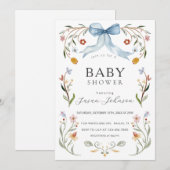 Bloemenkader Blauwe Strik Baby Shower Kaart (Voorkant / Achterkant)