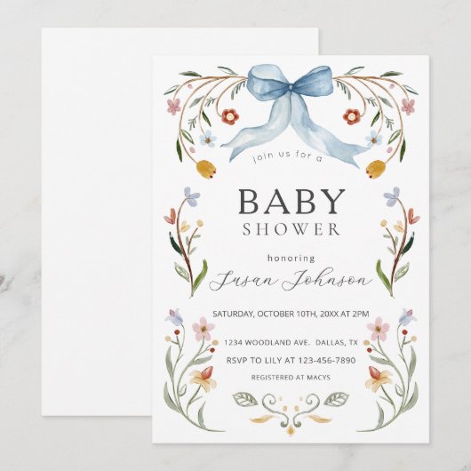 Bloemenkader Blauwe Strik Baby Shower Kaart (Voorkant / Achterkant)