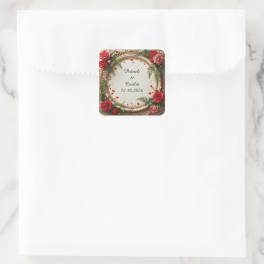 Bloemenkader met rode en roze rozen vierkante sticker (Tas)