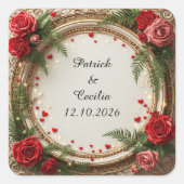 Bloemenkader met rode en roze rozen vierkante sticker (Voorkant)