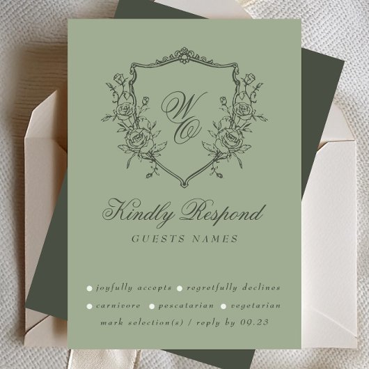  Bloemenkam Olijfsalie Monogram Huwelijk RSVP Kaartje