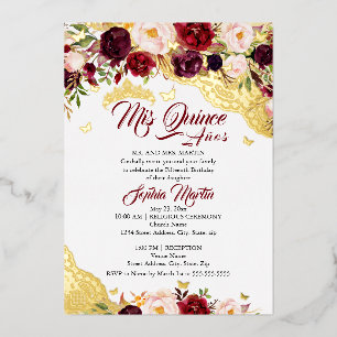 Bloemenkant Bourgondische gouden vlinder Quinceane Folie Uitnodiging