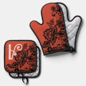 Bloemenkant Monogram Koken Bakkeuken Ovenwant & Pannenlap Set (Voorkant / Achterkant)