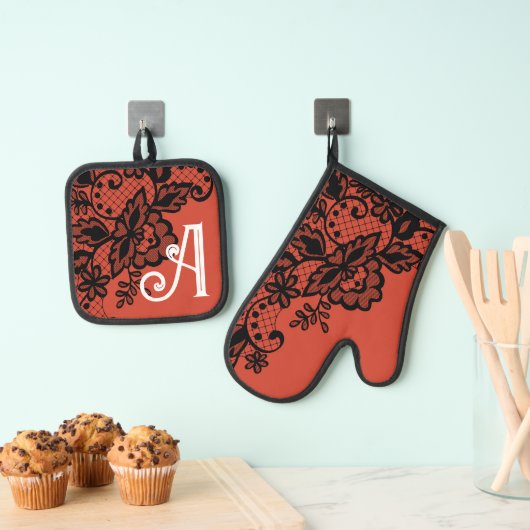 Bloemenkant Monogram Koken Bakkeuken Ovenwant & Pannenlap Set (Insitu(Ophanging))