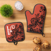Bloemenkant Monogram Koken Bakkeuken Ovenwant & Pannenlap Set (Top down)