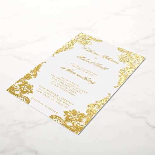Bloemenkantbruiloft Echte Gouden Folie Folie Uitnodiging (Gedraaid)