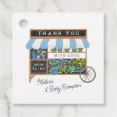 Bloemenkar Boeren Markt Blauw Baby shower Favoriet Bedankjes Labels (Voorkant)