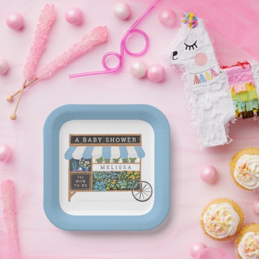 Bloemenkar Boeren Markt Blauw Baby shower Papieren Bordje (Feest)