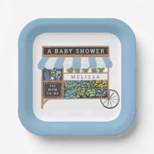 Bloemenkar Boeren Markt Blauw Baby shower Papieren Bordje