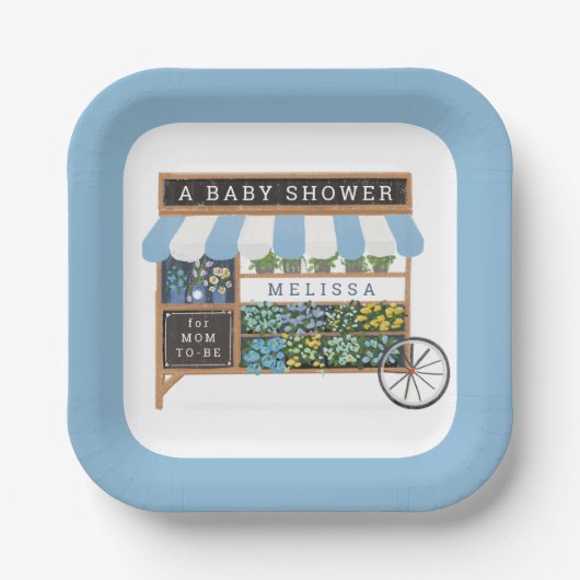 Bloemenkar Boeren Markt Blauw Baby shower Papieren Bordje (Voorkant)