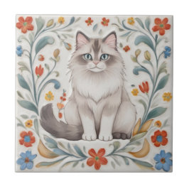 Bloemenkatten - Ragdollkat Kleurrijke Volkskunst B Tegeltje