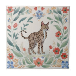Bloemenkatten - Savannah Kat Kleurrijk Volkskunst  Tegeltje