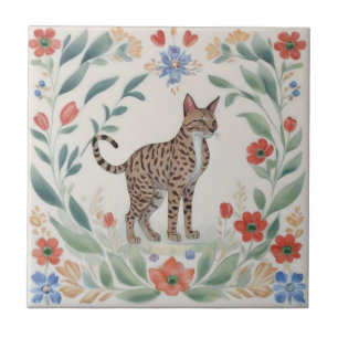 Bloemenkatten - Savannah Kat Kleurrijk Volkskunst Tegeltje