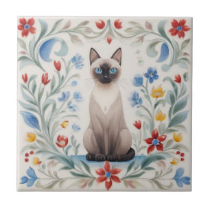 Bloemenkatten - Siamese Kat Kleurrijke Volkse Bloe Tegeltje
