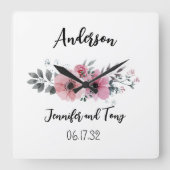 Bloemenklok Roze Bloemen en Roos huwelijkscadeau Vierkante Klok (Voorkant)