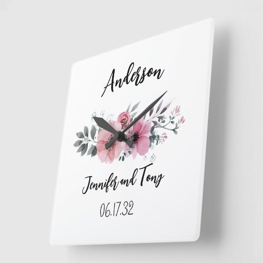 Bloemenklok Roze Bloemen en Roos huwelijkscadeau Vierkante Klok (Hoek)