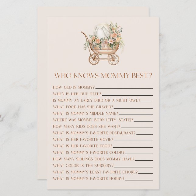 Bloemenkoets die mama Baby shower spel kent (Voorkant / Achterkant)