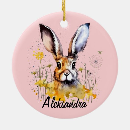 Bloemenkonijn met gele paardenbloemen keramisch ornament (Achterkant)