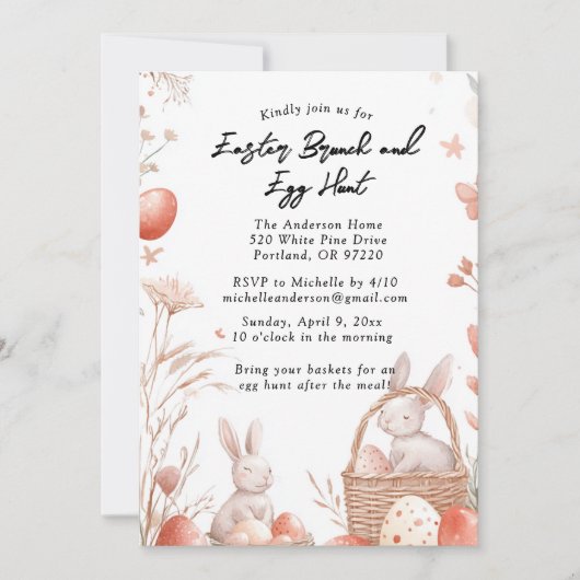Bloemenkonijnen en paasbrunch en eierjacht kaart (Voorkant)