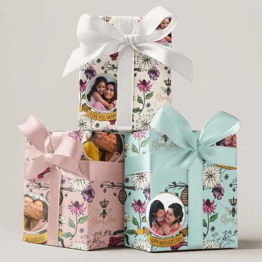 Bloemenkoningin bij, gouden kroon, bloemen en foto inpakpapier vel