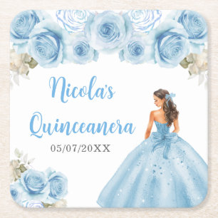 Bloemenkoningin in blauwe jurk Quinceanera Kartonnen Onderzetters