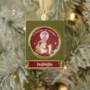 Bloemenkoraal Rode Eenhoorn 1e Verjaardag Kerstmis Verguld Banner Ornament