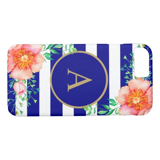 Bloemenkoud Monogram Navy Wit Gestreept Case-Mate iPhone Case (Achterkant (Horizontaal))
