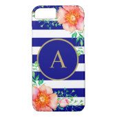 Bloemenkoud Monogram Navy Wit Gestreept Case-Mate iPhone Case (Achterkant)
