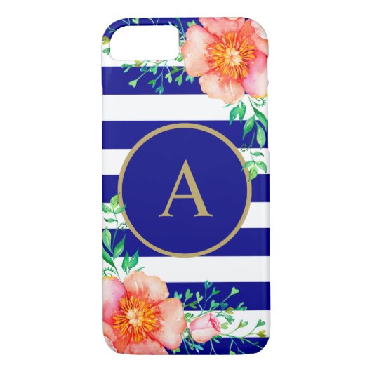 Bloemenkoud Monogram Navy Wit Gestreept Case-Mate iPhone Case (Achterkant)