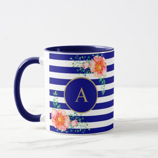  Bloemenkoud Monogram Navy Wit Gestreept Mok (Links)