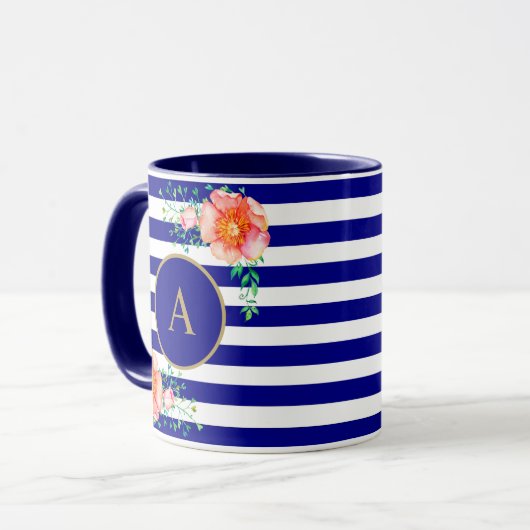 Bloemenkoud Monogram Navy Wit Gestreept Mok (Voorkant links)