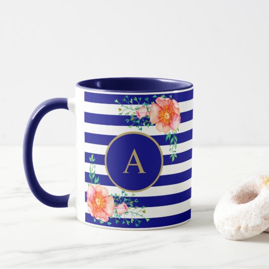 Bloemenkoud Monogram Navy Wit Gestreept Mok (Met donut)