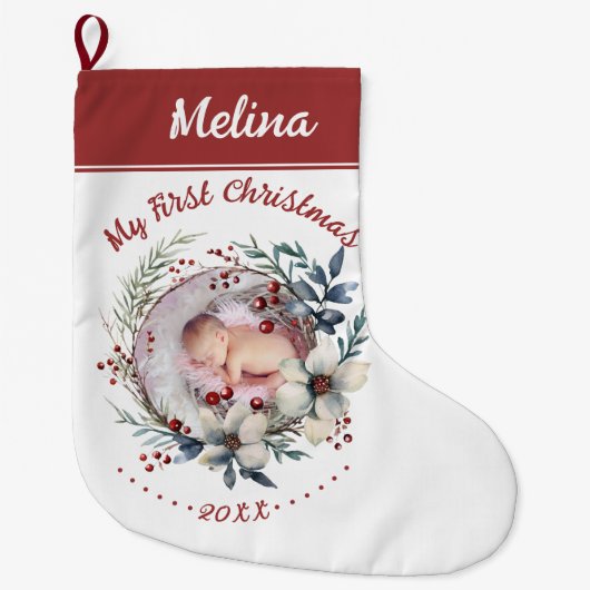 Bloemenkrans Baby's eerste kerstfoto Grote Kerstsok (Voorkant)
