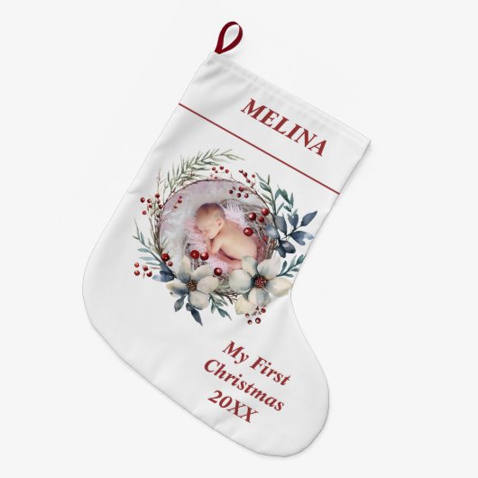 Bloemenkrans Baby's eerste kerstfoto Grote Kerstsok (Voorkant (Hangend))