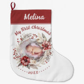 Bloemenkrans Baby's Eerste Kerstfoto rood Grote Kerstsok (Voorkant)