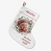Bloemenkrans Baby's Eerste Kerstnaam Foto Grote Kerstsok (Voorkant (Hangend))