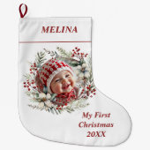 Bloemenkrans Baby's Eerste Kerstnaam Foto Grote Kerstsok (Voorkant)