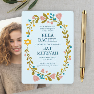 Bloemenkrans Bat Mitzvah Hand-getekende aangepaste Kaart