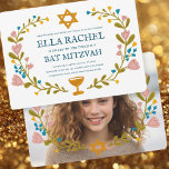 Bloemenkrans Bat Mitzvah Hand-getekende aangepaste Kaart<br><div class="desc">Perfecte kaart om een bar mitswa, bat mitswa of andere Joodse viering aan te kondigen! Met de hand gemaakte kunst voor jou! VOLLEDIG ! Klik hierboven op "Personaliseren" om de tekst te bewerken en uw eigen foto aan de achterkant toe te voegen. Klik op "Bewerken met ontwerpgereedschap" om de lettertypen,...</div>