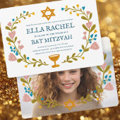 Bloemenkrans Bat Mitzvah Hand-getekende aangepaste Kaart
