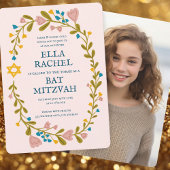Bloemenkrans Bat Mitzvah Hand-getekende aangepaste Kaart