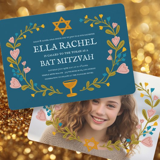 Bloemenkrans Bat Mitzvah Hand-getekende aangepaste Kaart