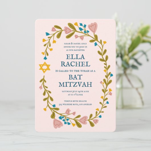 Bloemenkrans Bat Mitzvah Hand-getekende aangepaste Kaart (Staand voorkant)
