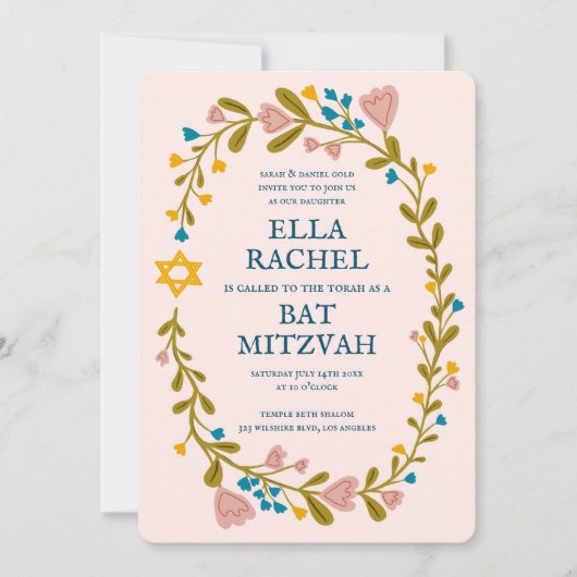 Bloemenkrans Bat Mitzvah Hand-getekende aangepaste Kaart (Voorkant)