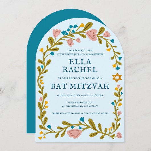 Bloemenkrans Bat Mitzvah Hand-getrokken Custom Arc Kaart (Voorkant / Achterkant)