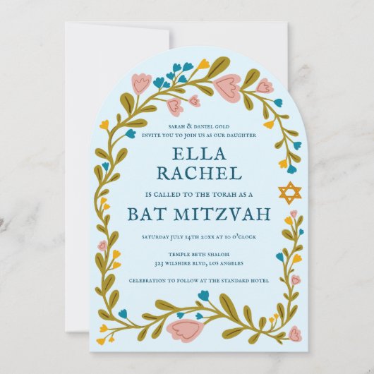 Bloemenkrans Bat Mitzvah Hand-getrokken Custom Arc Kaart (Voorkant)