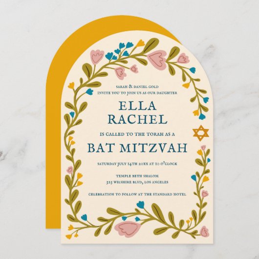 Bloemenkrans Bat Mitzvah Hand-getrokken Custom Arc Kaart (Voorkant / Achterkant)